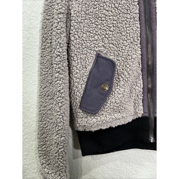 Marrakech Bomber Jacket Womens XS Gray Black Crop Sherpa Fleece Teddy Zip Up - Picture 3 of 8